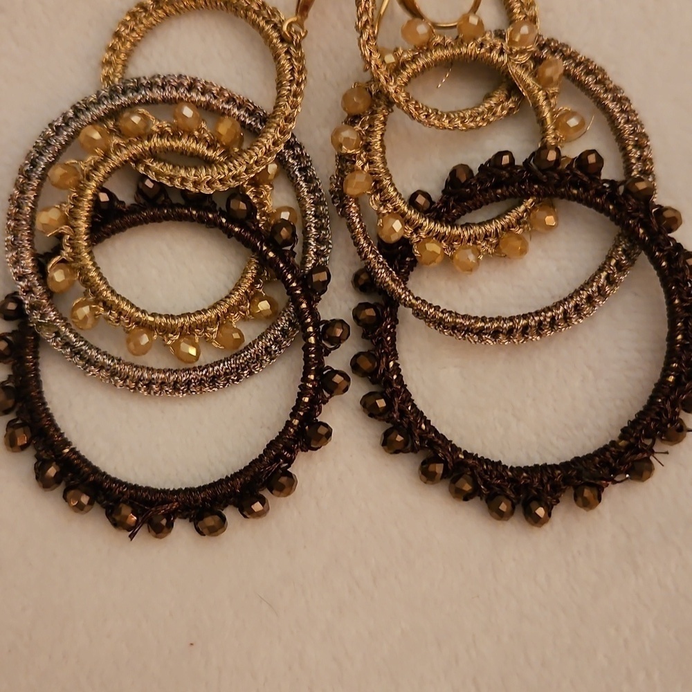 Interlocking Circle Hoops Macrame Crystal Beaded Festival Dangle Earrings - Picture 4 of 5
